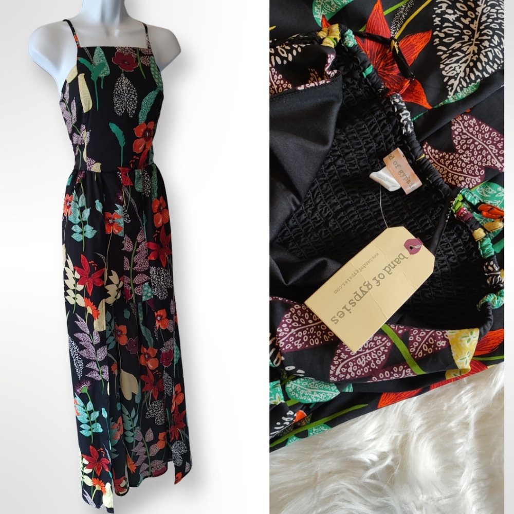 Band of Gypsies Floral Romper Maxi Dress, Size Medium M, Black Red Green